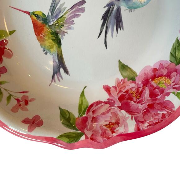 Soho Loft Hummingbird Pink Floral Melamine Serving Bowl 14" Round Scalloped New - Picture 3 of 10